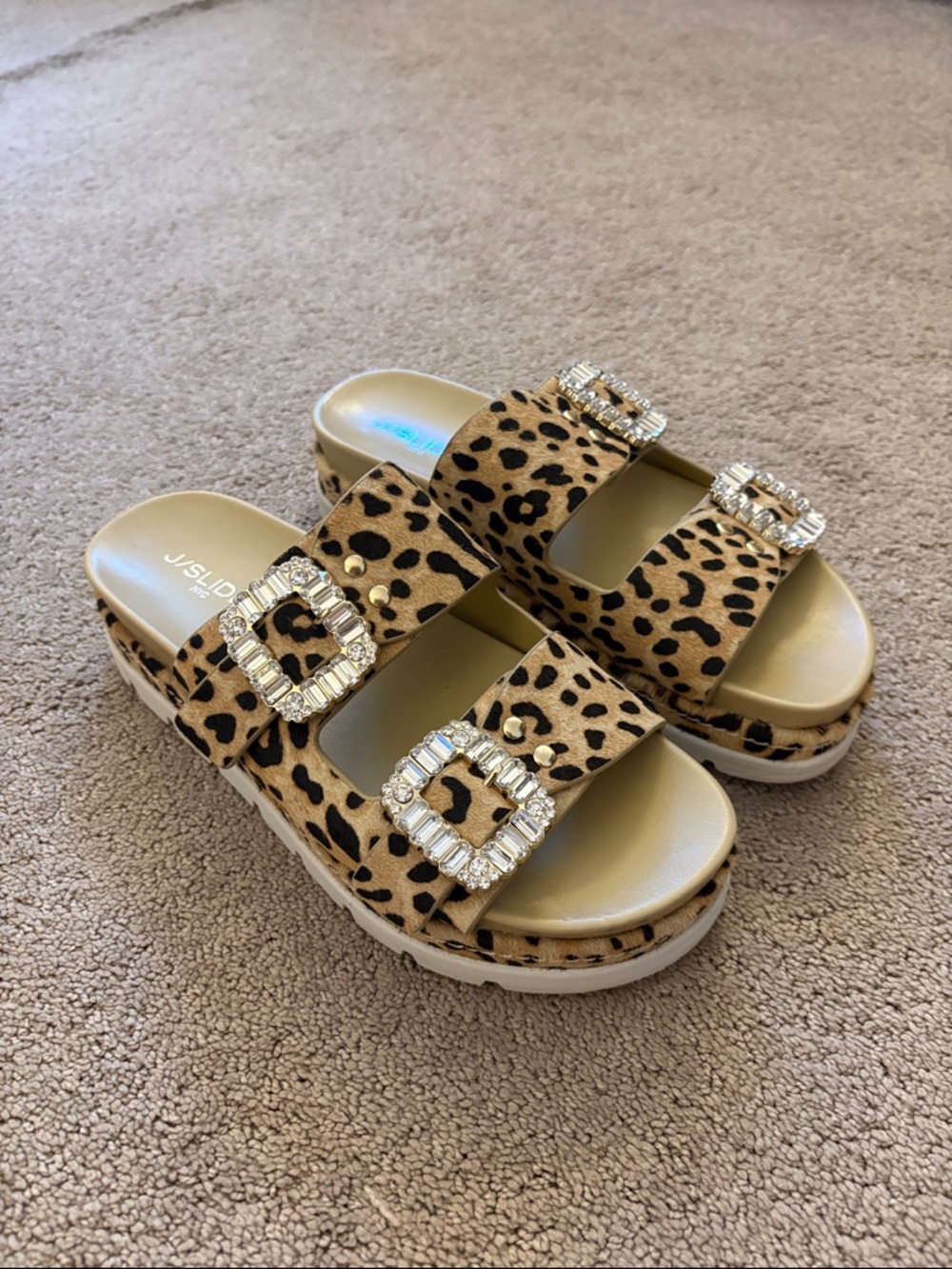 Leopard Print Double-Buckle Slide Sandals with Crystal Buckles
